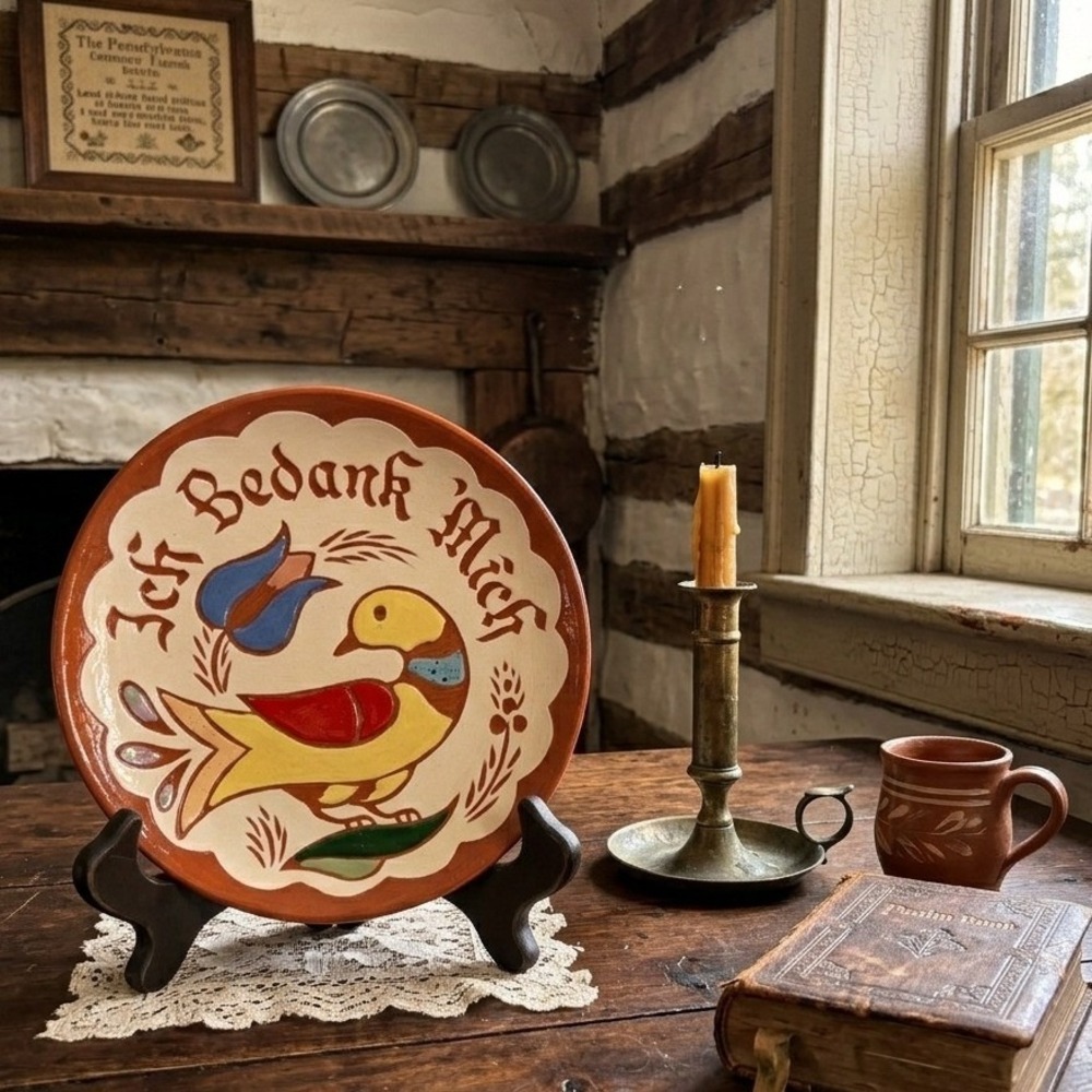 Vintage M Stoltzfus Redware Plate 1983 Bird-in-Hand PA Distelfink Folk Art 6in